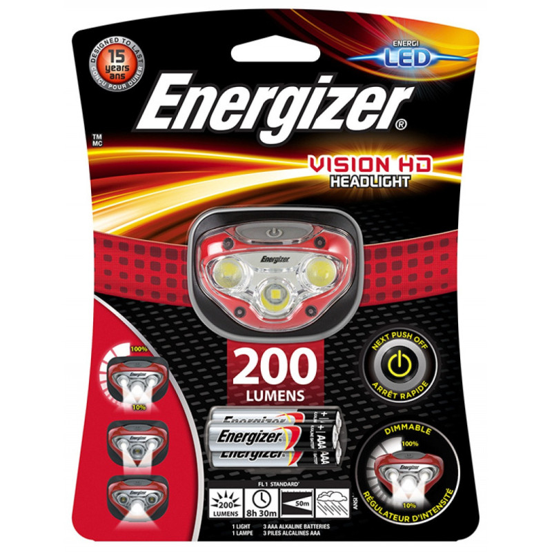 Lanterna de cap Vision HD Headlight rosie, 200 lumeni, raza de 50m + 3 baterii AAA, Energizer