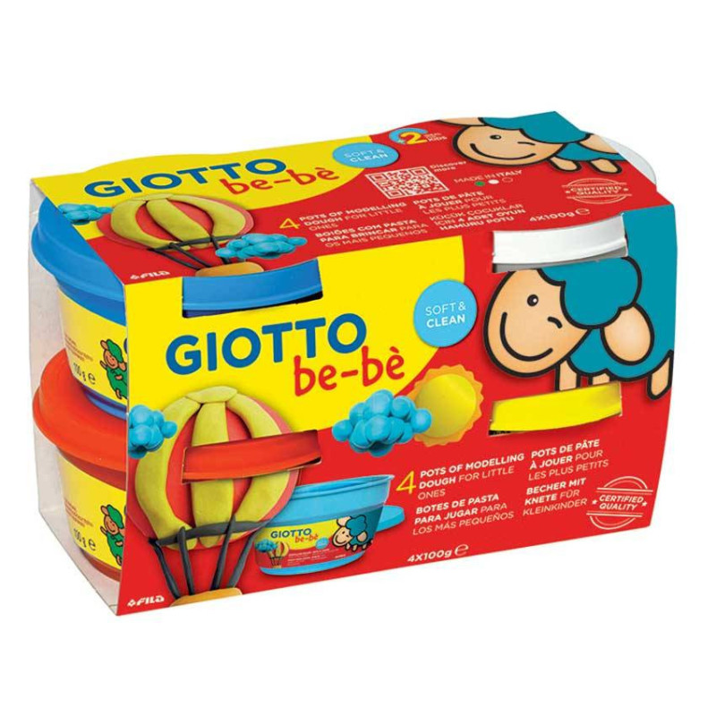 Plastilina standard, 4 culori(alb, albastru, rosu, galben) x 100 grame/borcan, GIOTTO be-be