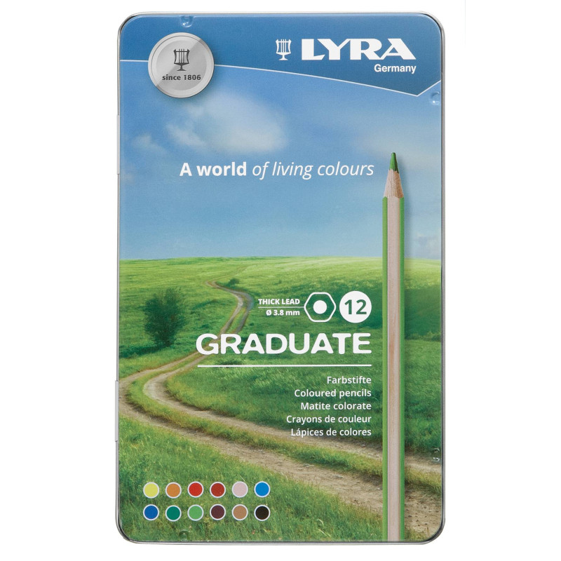 Creioane colorate LYRA Graduate Graphite, 12 culori/cutie metalica