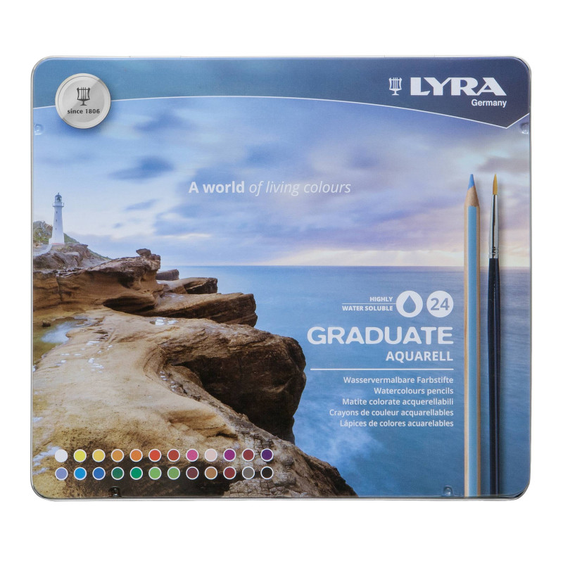 Creioane colorate LYRA Graduate Aquarell, 24 culori+pensula/cutie metalica