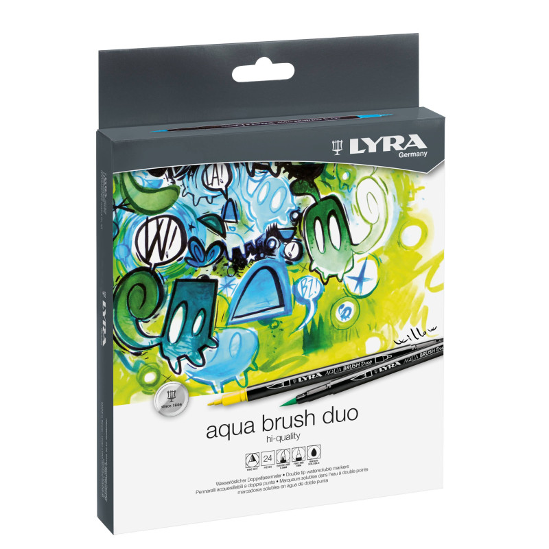 Markere LYRA Aqua Brush Duo, 2 capete (brush + 1mm), 24 culori/cutie