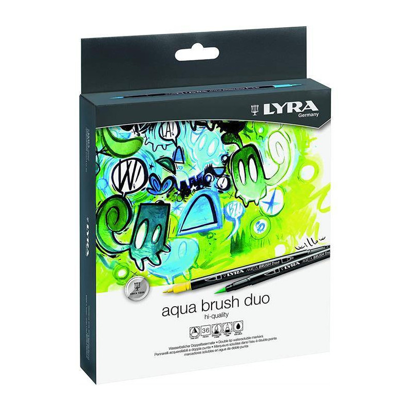 Markere LYRA Aqua Brush Duo, 2 capete (brush + 1mm), 36 culori/cutie
