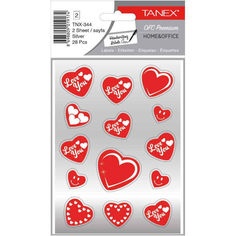 Stickere decorative, 2 file/set, TANEX Kids - inimi - argintii, TNX 344