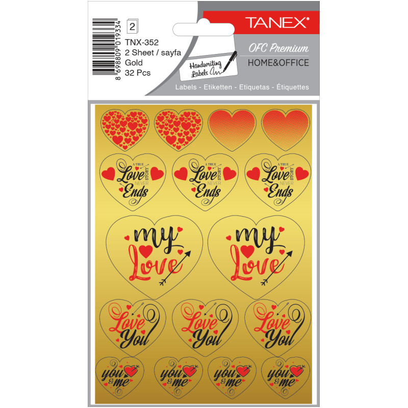 Stickere decorative, 2 file/set, TANEX Kids - inimi - aurii, TNX 352