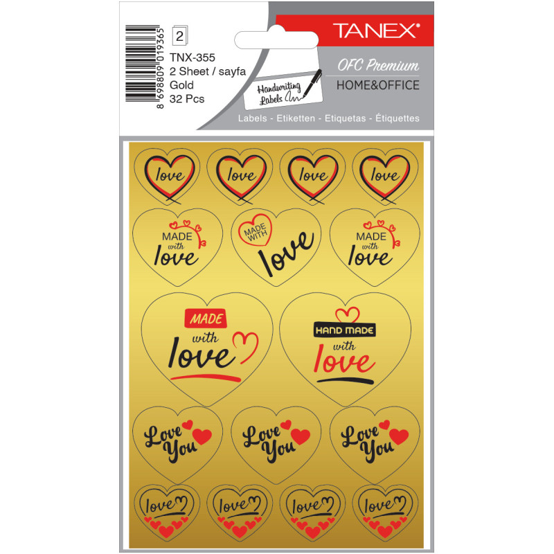 Stickere decorative, 2 file/set, TANEX Kids - inimi - aurii, TNX 355