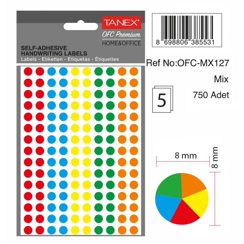 Etichete autoadezive color mix, D 8 mm, 240 buc/set, TANEX - culori fluorescente asortate
