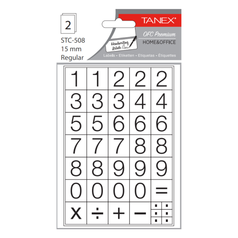 Etichete autoadezive cu cifre, 0-9, 2 folii/set, TANEX - 15mm regular