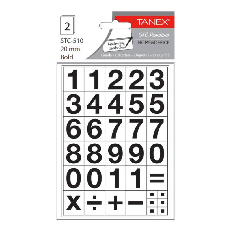 Etichete autoadezive cu cifre, 0-9, 2 folii/set, TANEX - 20mm bold
