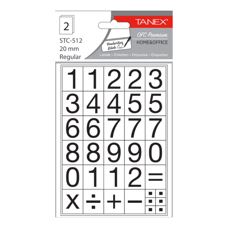 Etichete autoadezive cu cifre, 0-9, 2 folii/set, TANEX - 20mm regular