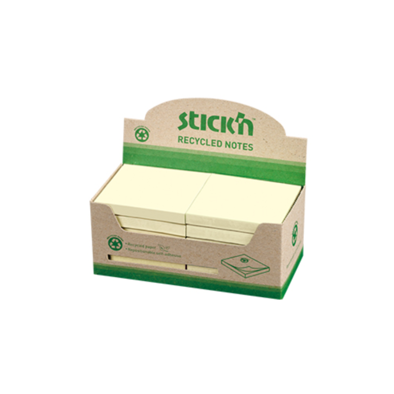 Notes autoadeziv 76 x 76 mm, hartie reciclata, 100 file, 12 buc/cutie, Stick"n – galben pastel