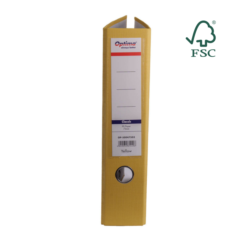 Biblioraft A4, plastifiat PP/paper, margine metalica, 75 mm, Optima Classic - galben