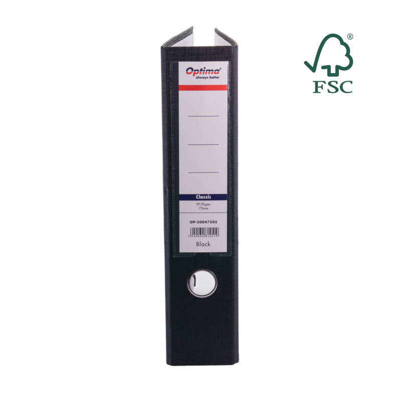 Biblioraft A4, plastifiat PP/paper, margine metalica, 75 mm, Optima Classic - negru