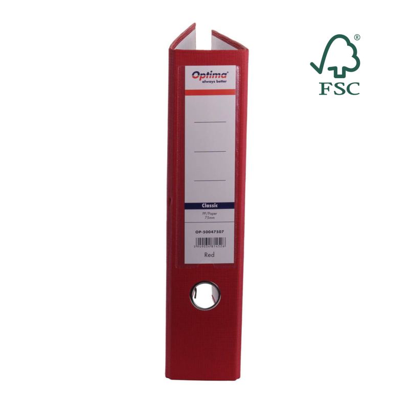 Biblioraft A4, plastifiat PP/paper, margine metalica, 75 mm, Optima Classic - rosu
