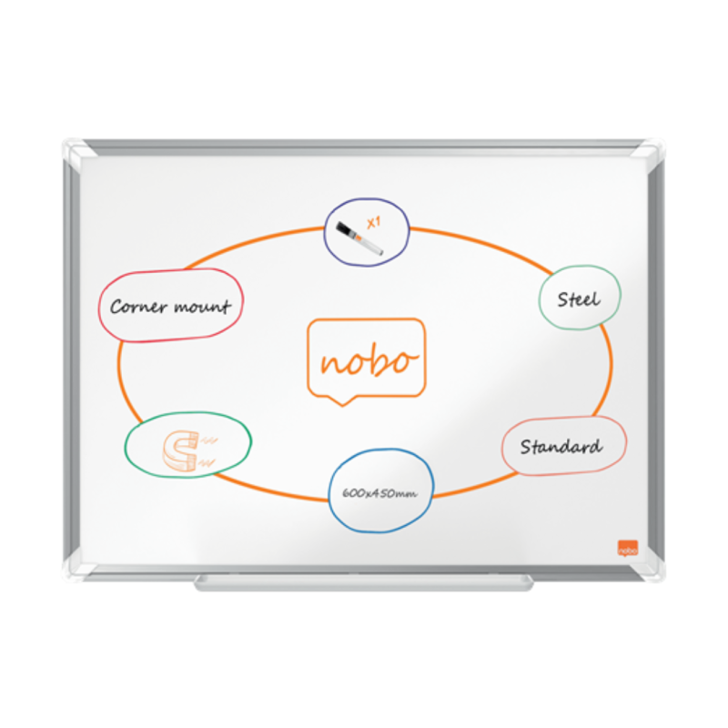 Tabla NOBO Premium Plus, otel lacuit, 60x45 cm, magnetica, include marker si tavita, alb