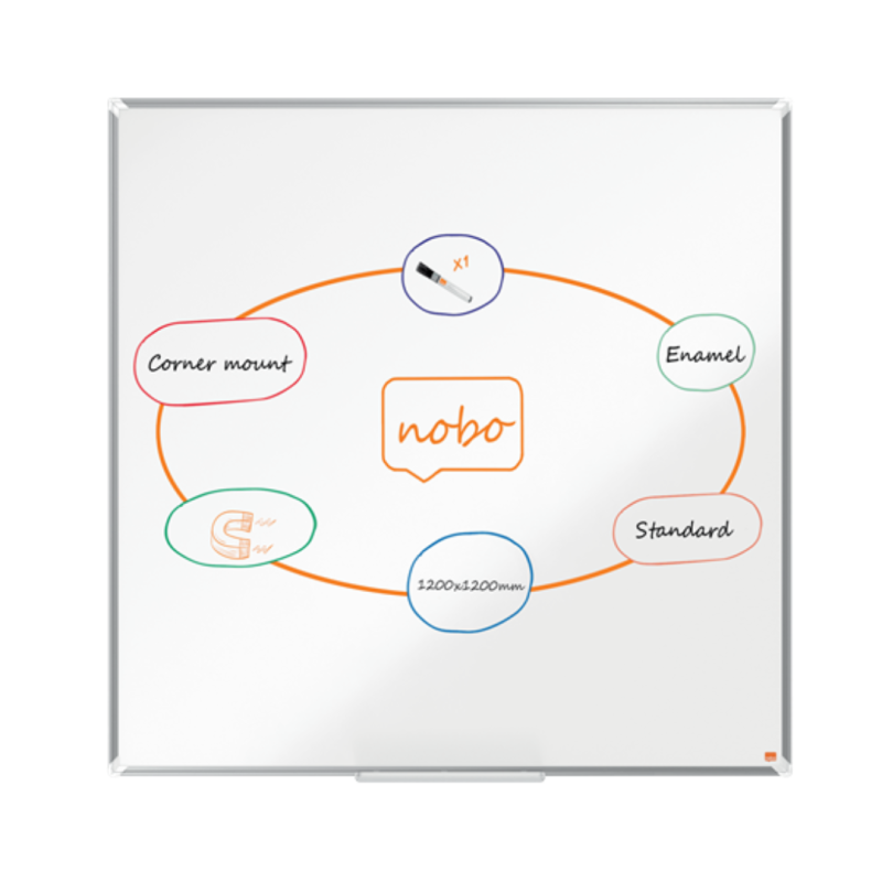 Tabla NOBO Premium Plus, otel lacuit, 120x120 cm, magnetica, include marker si tavita, alb