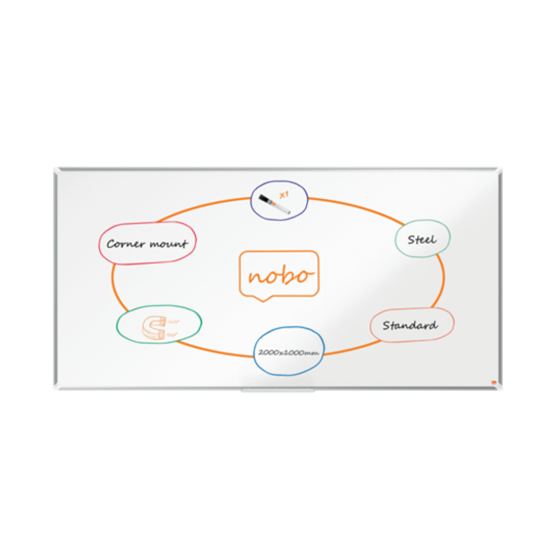 Tabla NOBO Premium Plus, otel lacuit, 200x100 cm, magnetica, include marker si tavita, alb