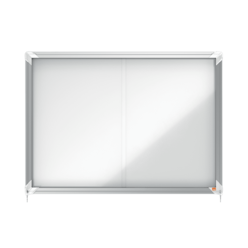 Avizier NOBO Premium Plus, interior, otel emailat, 8x A4, geam glisant si cheie, magnetic, alb