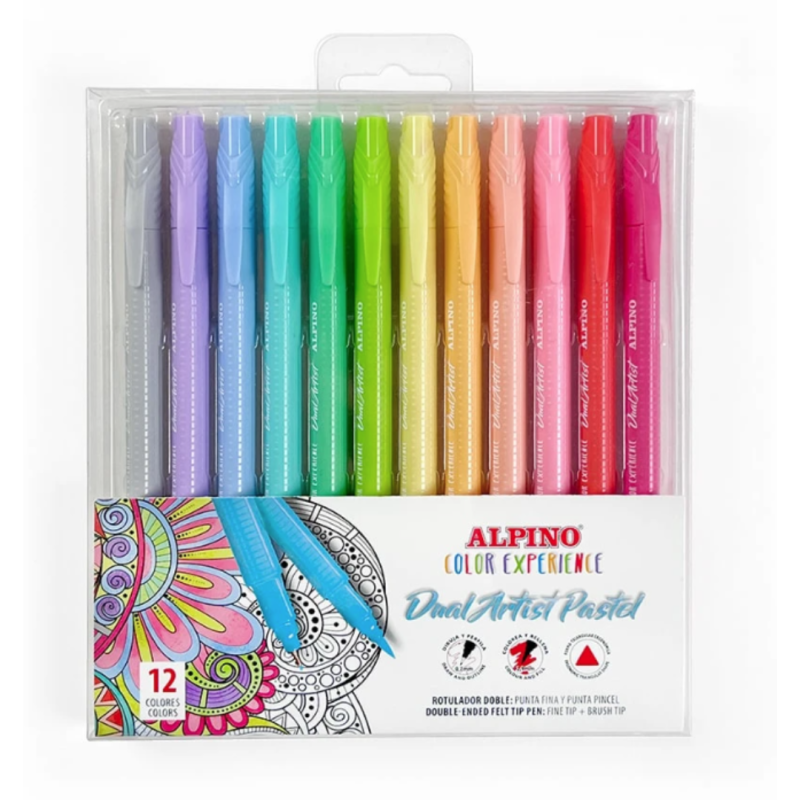 Carioca cu 2 capete, varf 0.7mm/tip pensula, 12 culori pastel /set, ALPINO Color Experience