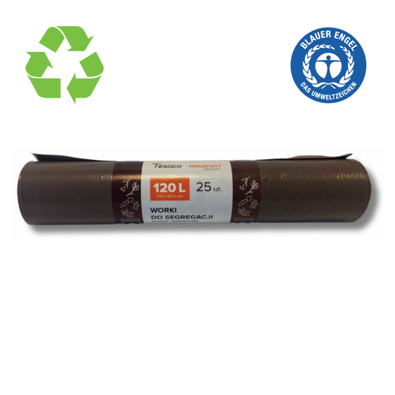 Saci plastic reciclat, standard, 120L, 69x105cm, 35 mic, 25buc/rola, RESACO - maro - deseuri bio
