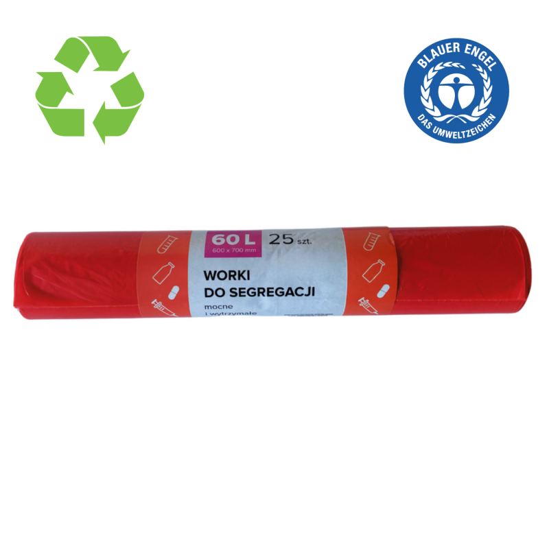 Saci plastic reciclat, standard, 60L, 60x70cm, 20 mic, 25buc/rola, RESACO - rosii - deseuri medical