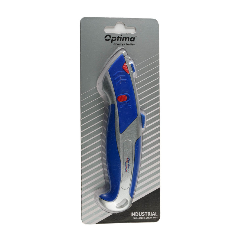 Cutter Optima Industrial, lama trapezoidala + 5 rezerve SK5, cu auto-incarcare, zinc cu rubber grip