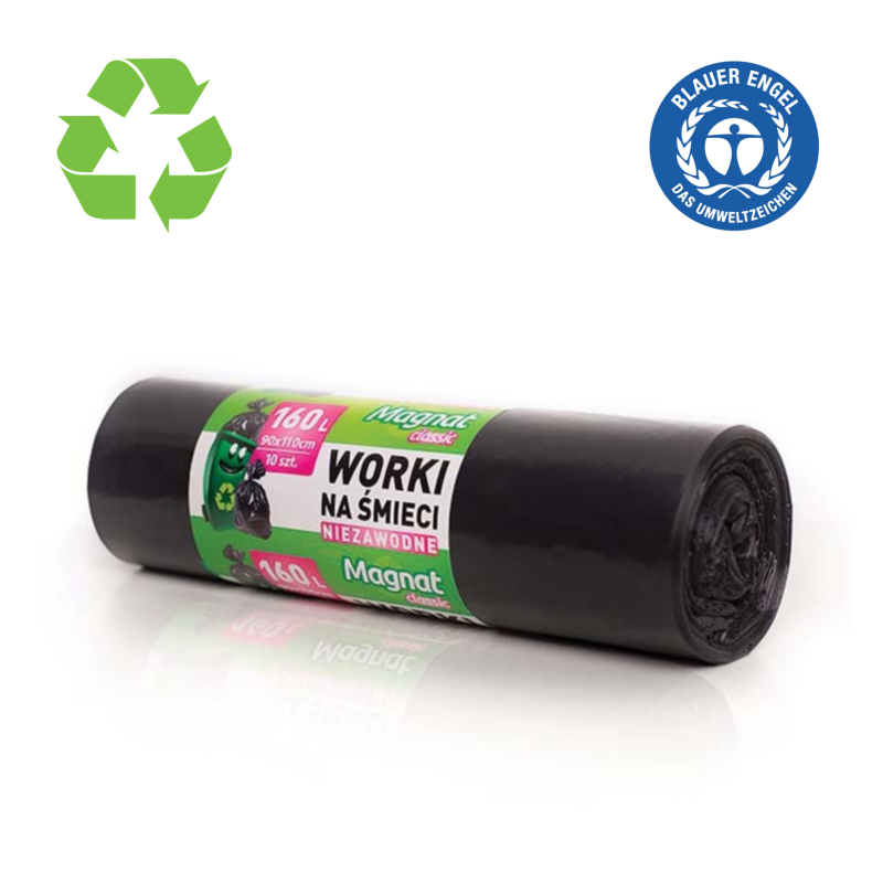 Saci plastic reciclat, standard, 160L, 87x110cm, 27 microni, 10buc/rola, RESACO - negri