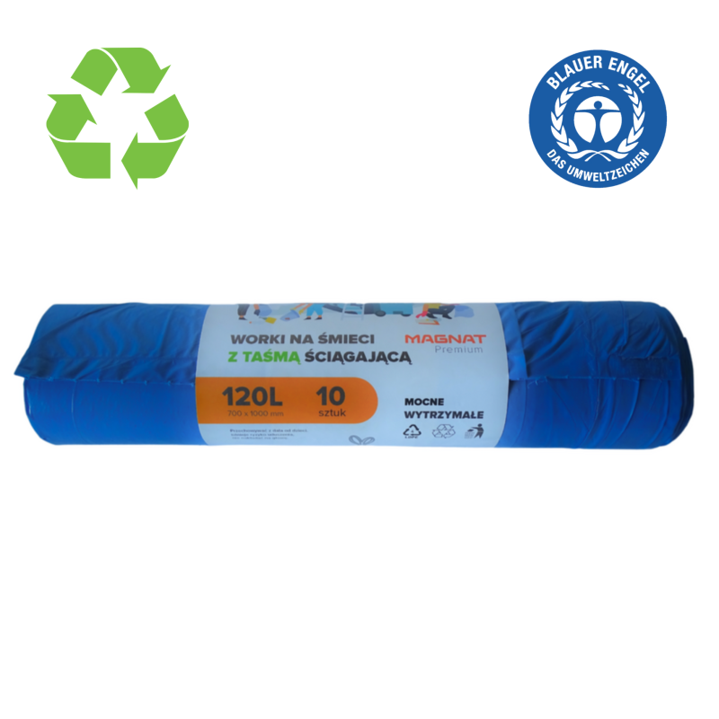 Saci plastic reciclat, standard, 120L, cu snur, 70x100cm, 30 microni, 10buc/rola, RESACO - albastri