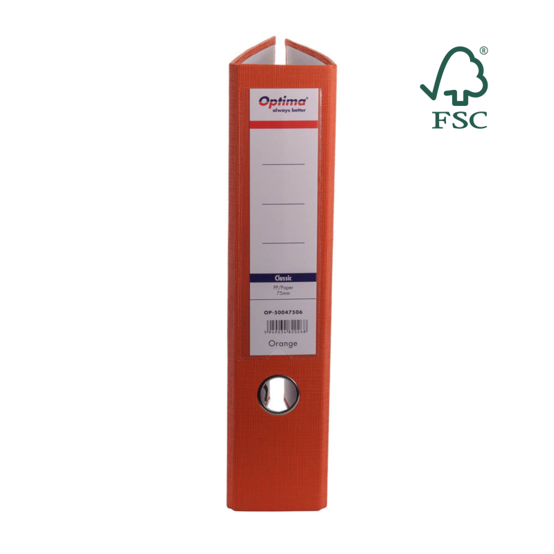Biblioraft A4, plastifiat PP/paper, margine metalica, 75 mm, Optima Classic - portocaliu