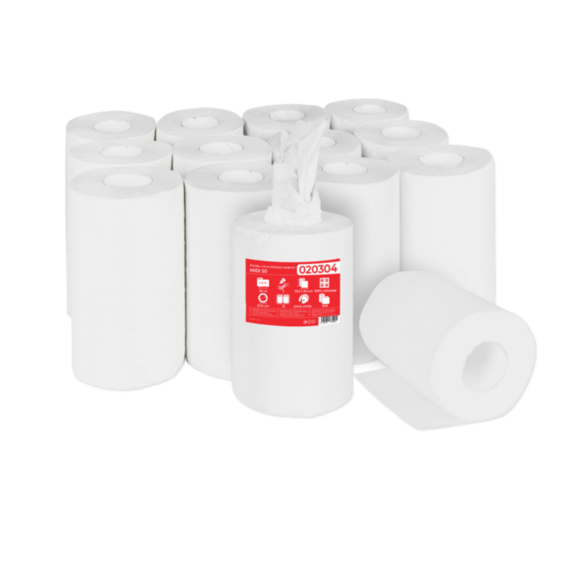 Prosop rola hartie alba, derulare centrala, 50m - 2 straturi, 12 role/bax, Prima Soft Midi 50