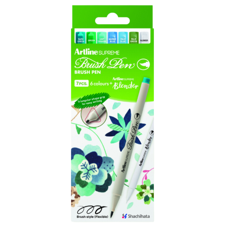 Carioca corp triunghiular, ARTLINE Supreme Green Leaves, varf flexibil (tip pensula), 6 cul/cut + bl