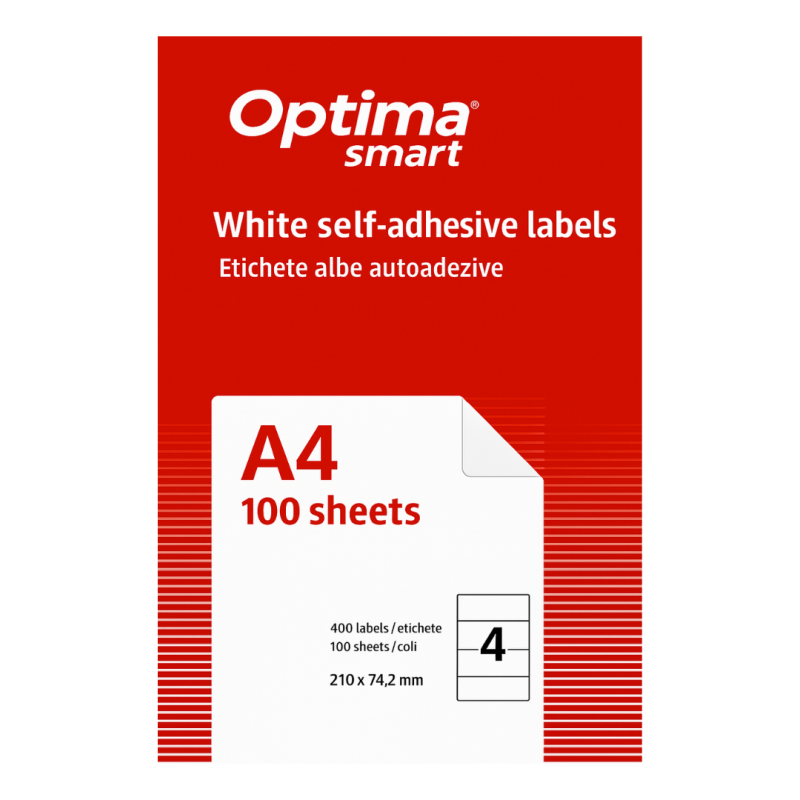 Etichete albe autoadezive 4/A4, 210 x 74.2 mm, 100 coli/top, Optima Smart