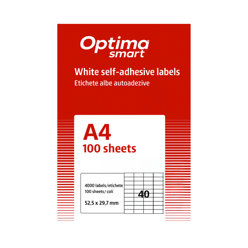 Etichete albe autoadezive 40/A4, 52.5 x 29.7 mm, 100 coli/top, Optima Smart