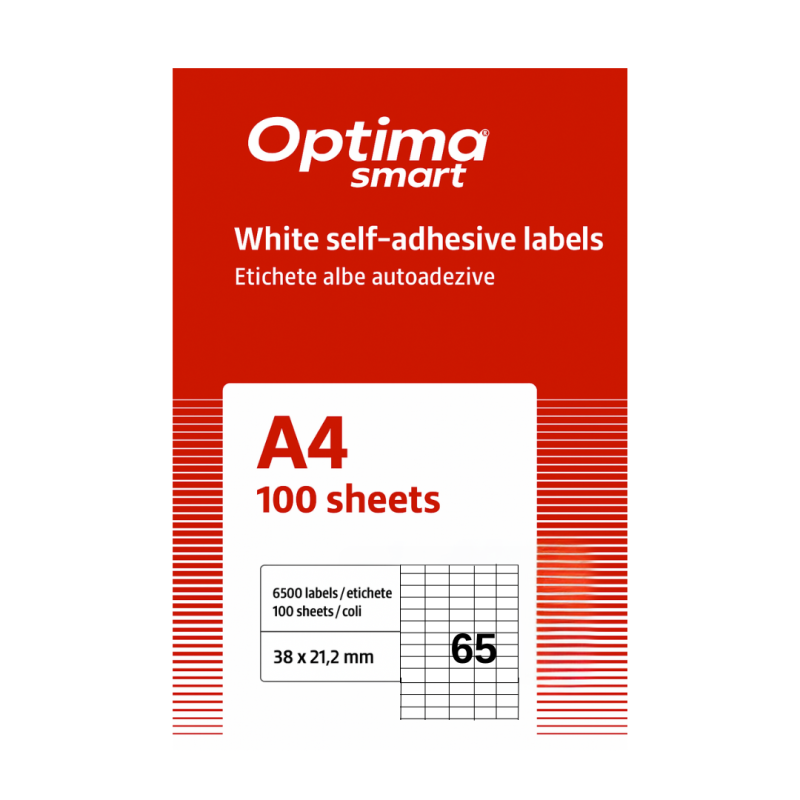 Etichete albe autoadezive 65/A4, 38 x 21.2 mm, 100 coli/top, Optima Smart