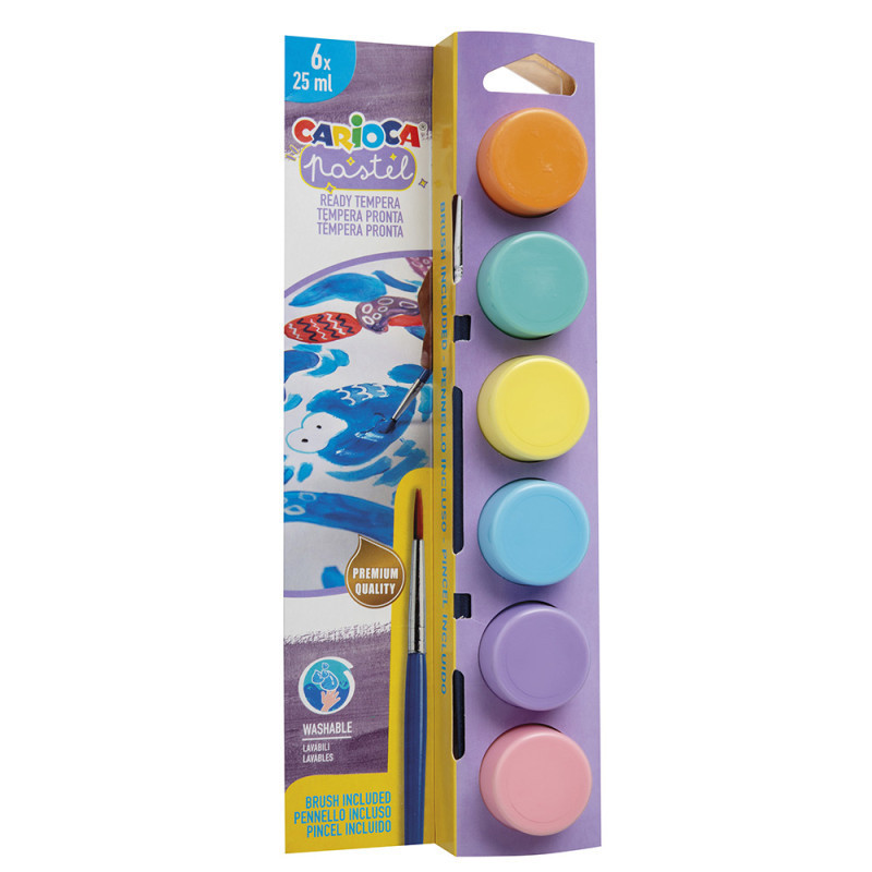 Tempera super lavabila, 6 culori x 25 ml/set, contine pensula, CARIOCA - pastel
