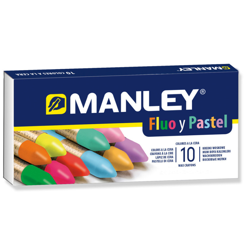 Creioane cerate, cutie carton, fluorescente/pastel, 10 culori/cutie, Manley Fluo and Pastel