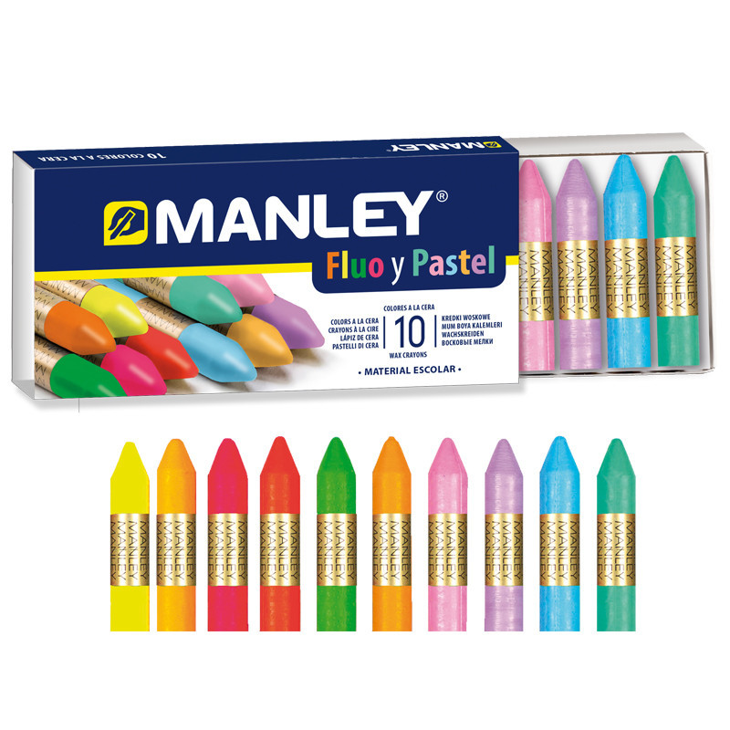Creioane cerate, cutie carton, metalice, 10 culori/cutie, Manley Fluo and Pastel