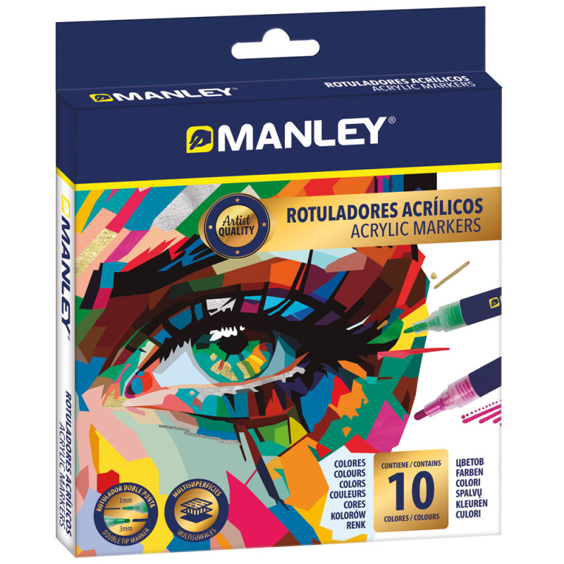 Markere acrilice, cu doua capete, varf 1-3mm, 10 culori/set, Manley