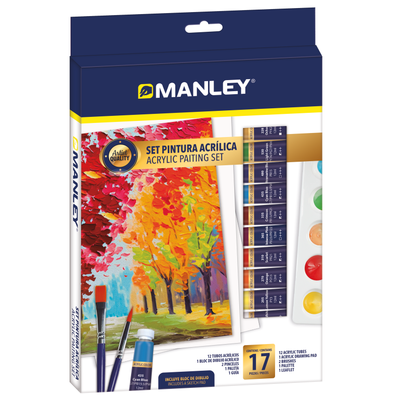Tempera acrilica, 12 culori/set, rezistente la apa, 2 pensule+paleta incluse, Manley