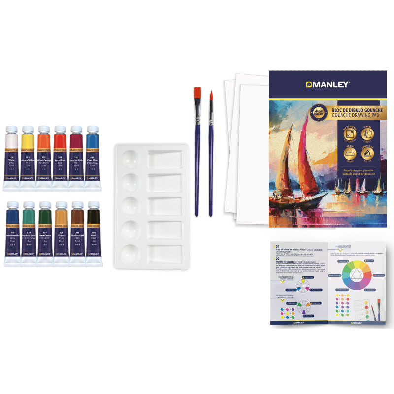 Tempera acrilica, 12ml - 12 culori/set, solubila in apa, Manley