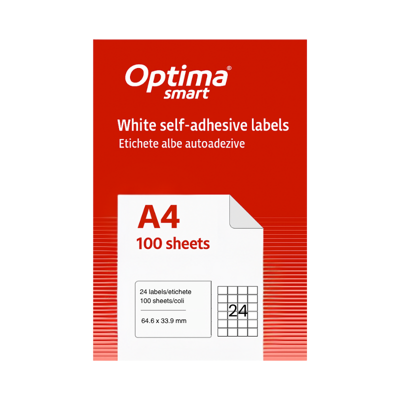 Etichete albe autoadezive 24/A4, 64.6 x 33.9 mm, 100 coli/top, Optima Smart
