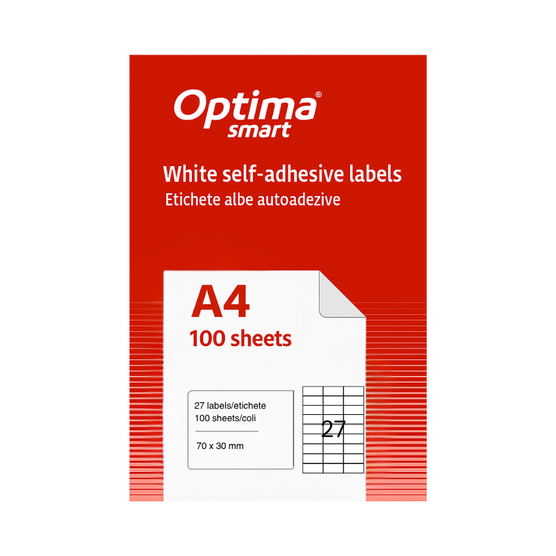 Etichete albe autoadezive 27/A4, 70 x 30 mm, 100 coli/top, Optima Smart