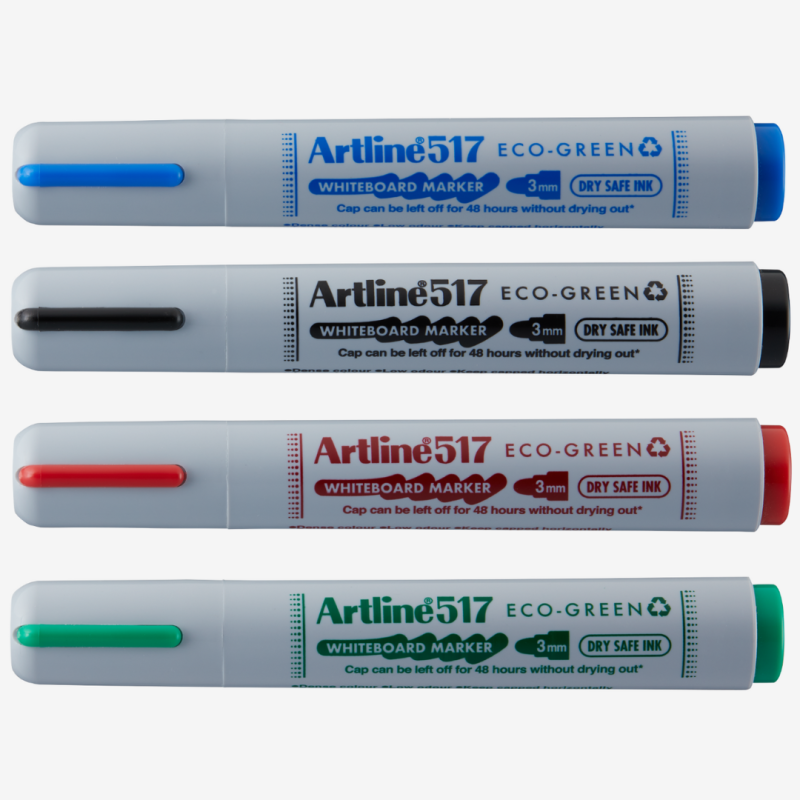 Marker pentru tabla de scris ARTLINE 517 Eco Green - Dry safe ink 48h, varf rotund 3.0mm, 4 cul/set