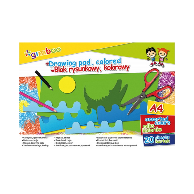 Bloc desen A4, 20 file - 70gsm, coperta carton, GIMBOO - foi color asortate
