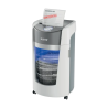 Distrugator documente manual LEITZ IQ OptiMax Office, P5, micro-cut, 10coli, cos 35l, alb-gri