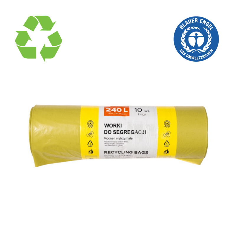 Saci plastic reciclat, standard, 240L, 87x140cm, 27 microni, 10buc/rola, RESACO - galbeni