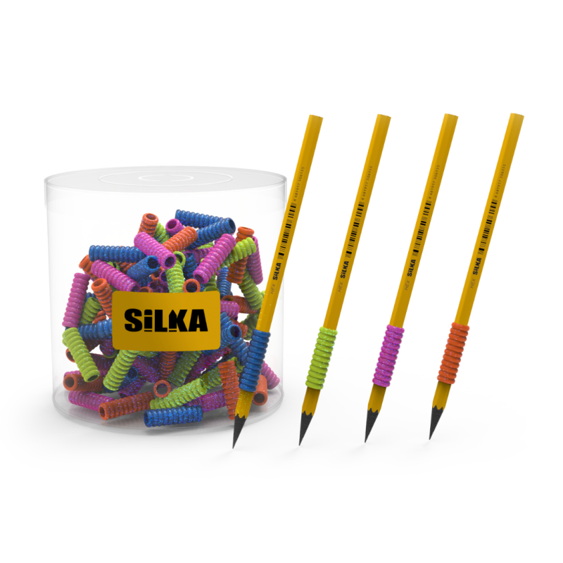 Display silicon grip pt creion, pt scriere de mana la copii, 72buc/display, SILKA Spiral Glitter-erg
