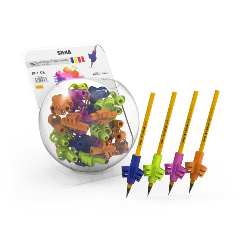 Display silicon grip pt creion, pt scriere de mana la copii, 72buc/display, SILKA Glitter-design erg