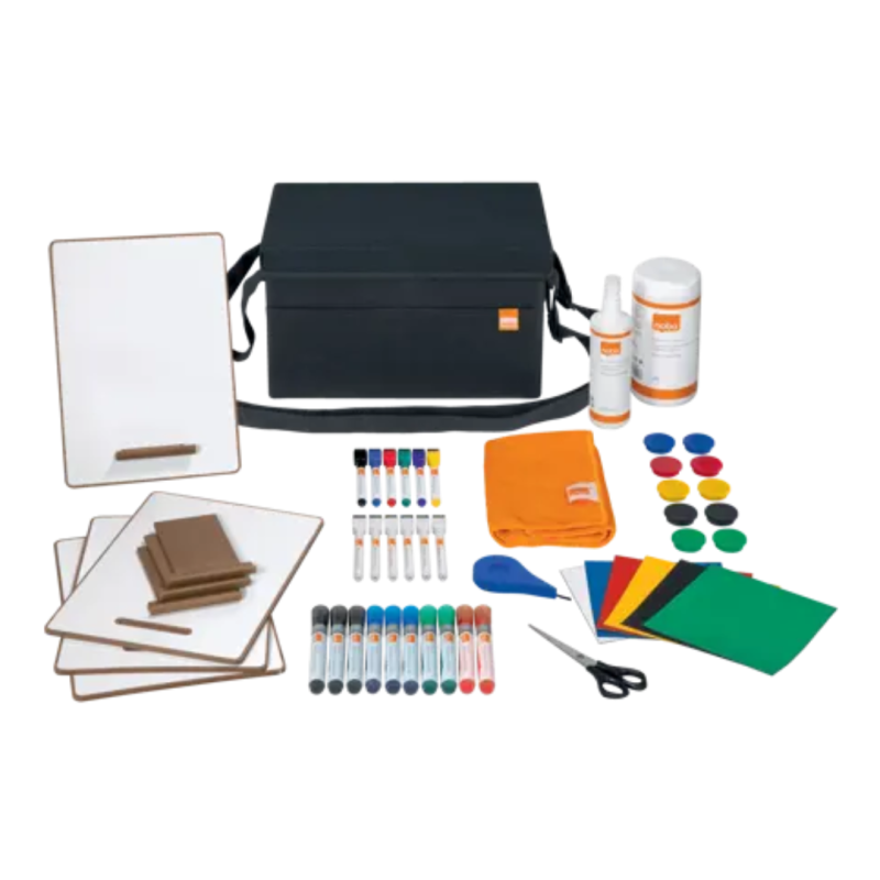 Set accesorii NOBO, 36 accesorii - geanta, 20 markere, 10 magneti, laveta si spray curatare 250ml