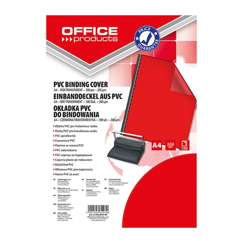 Coperta plastic PVC, 200 microni, A4, 100/top Office Products - rosu transparent