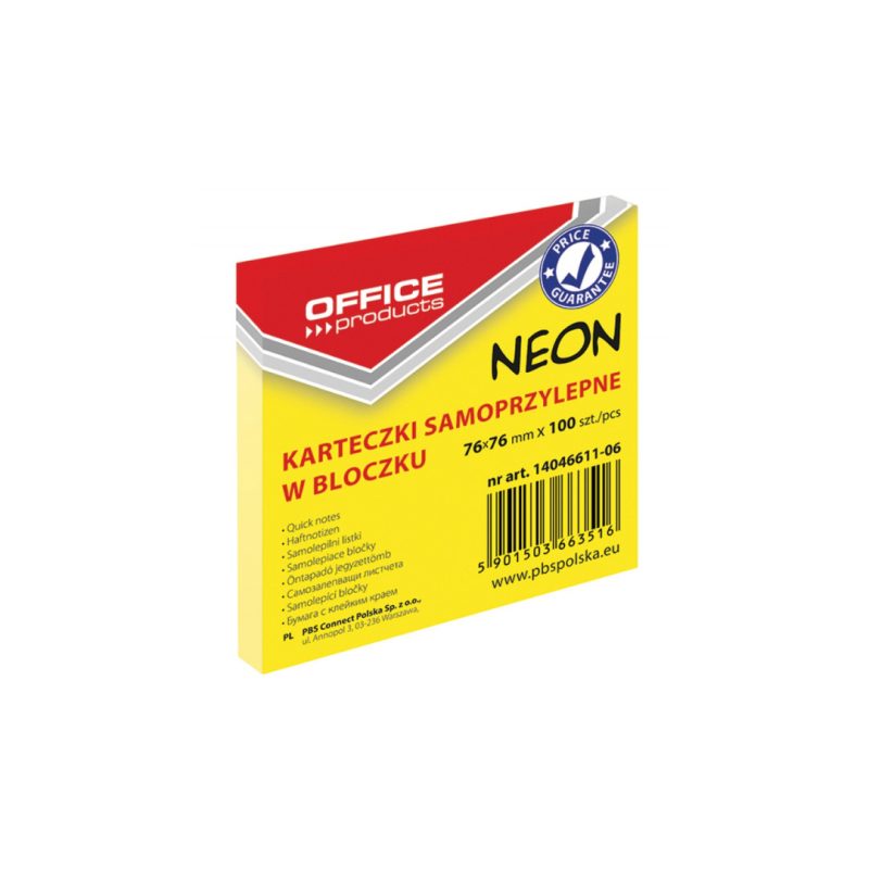 Notes autoadeziv 76 x 76 mm, 100buc/set, Office Products - galben neon